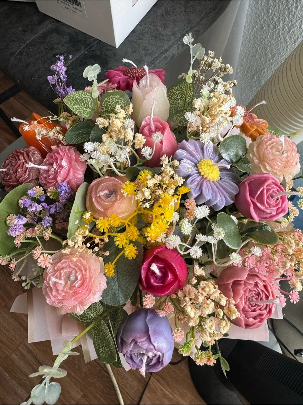 Floral Candle Bouquet Arrangement in Pink and Purple Vase Accent- Handcrafted🕯️✨